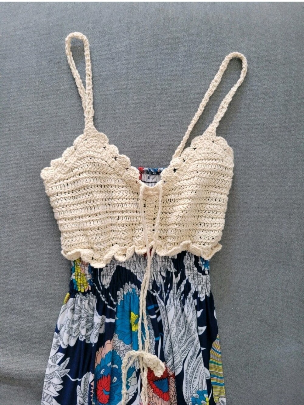 Crochet Maxi Sun Dress Tan Blue Empire Waist Cottagecore Boho Festival Fairy M - Picture 3 of 7